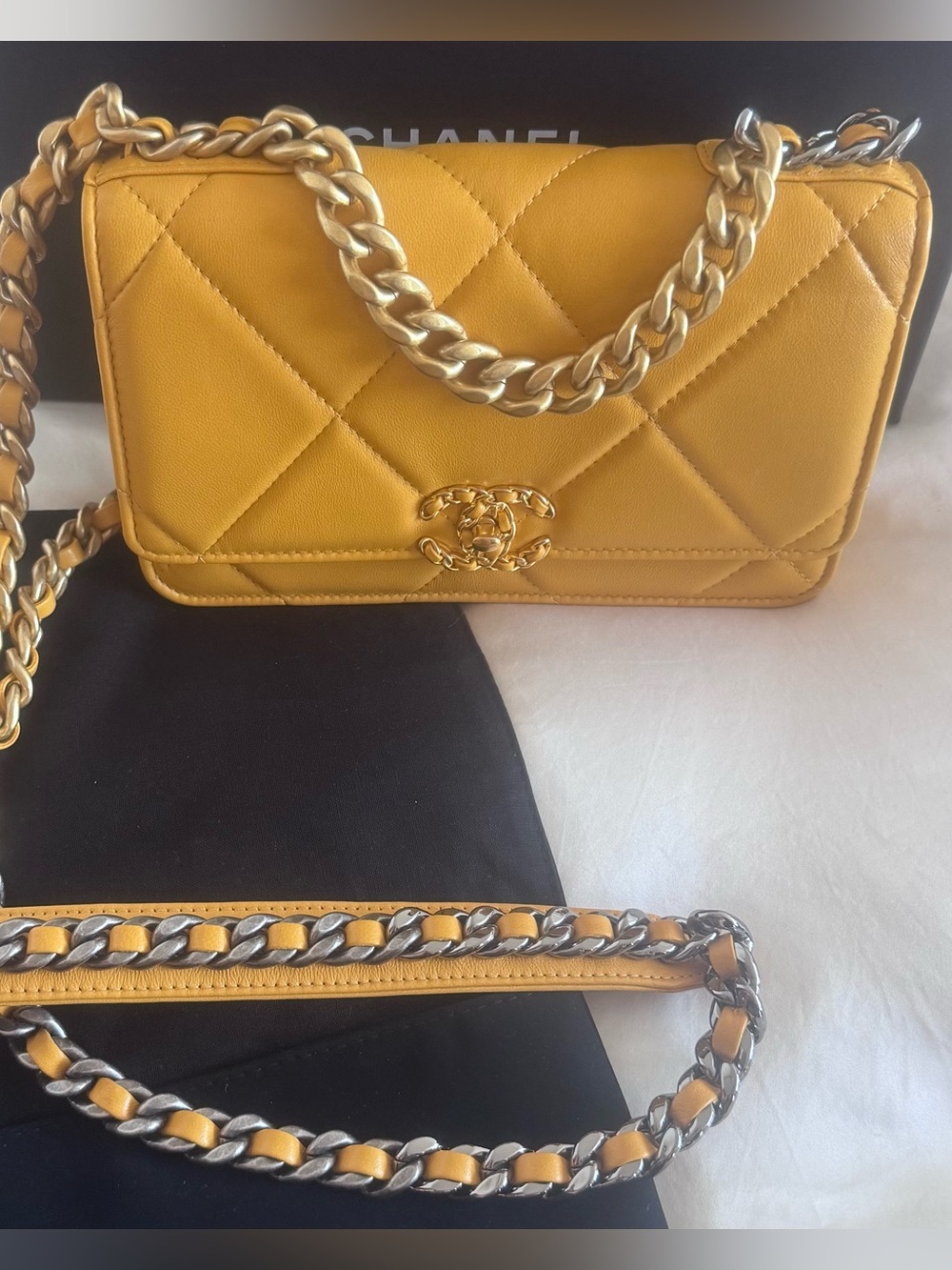 CHANEL Quilted Shoulder Bag in Mustard Yellow with Gold-Tone Hardware
